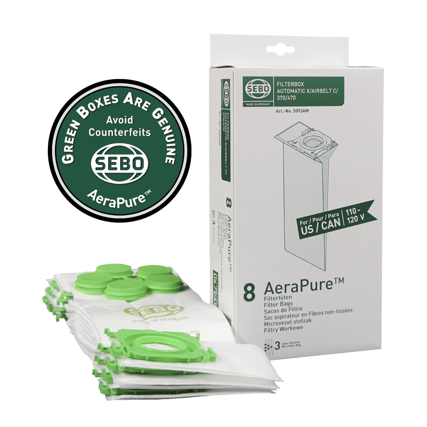 SEBO AUTOMATIC X / AIRBELT C AeraPure Filter Bags (8-Pack)